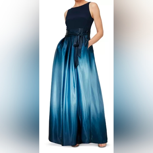 SLNY Women's Blue Ombre Satin Sash Gown - Picture 2 of 3
